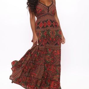 FashionNova S Maldives Red Sunset Printed Boho Maxi Tie Dress